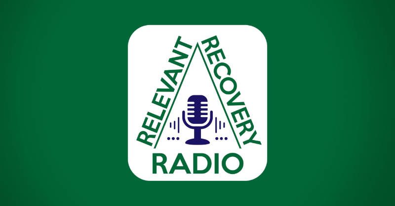 A logo for relevant recovery radio on a green background
