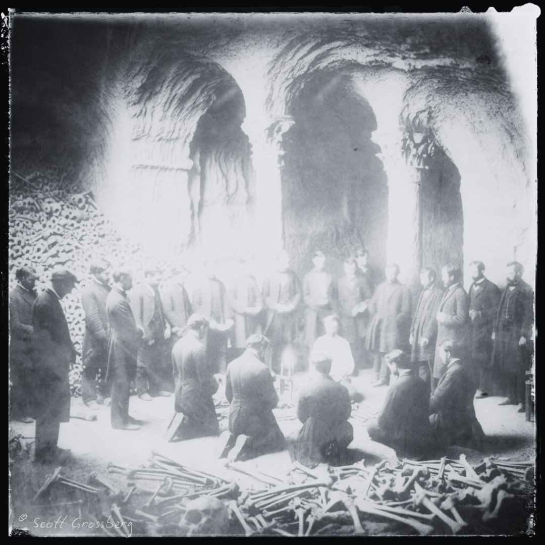 Photograph believed to have been taken in the Paris Catacombs beneath Basilique de l'Oracle des Bois: Paris, France [date uncertain].
Source: Photographer unknown © Eldric Cowan Family Trust, London
Repository: Parisian Repository of Arcane Heritage
Release: Not previously released
Please note: images depicting historical events may contain themes, or have descriptions, that do not reflect current understanding. They are provided in a historical context. 