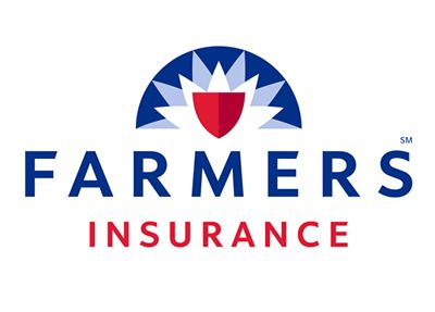 The logo for farmers insurance has a shield and a sun on it.