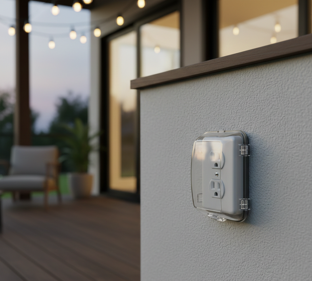 Outdoor electrical outlet with a protective cover mounted on a gray stucco wall, patio in background.