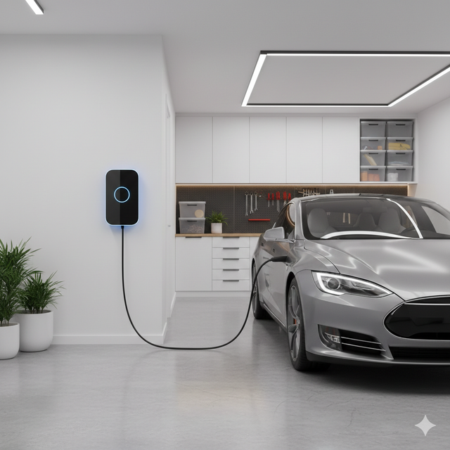 Electric car charging in a garage with a charging station on the wall and a silver car plugged in.