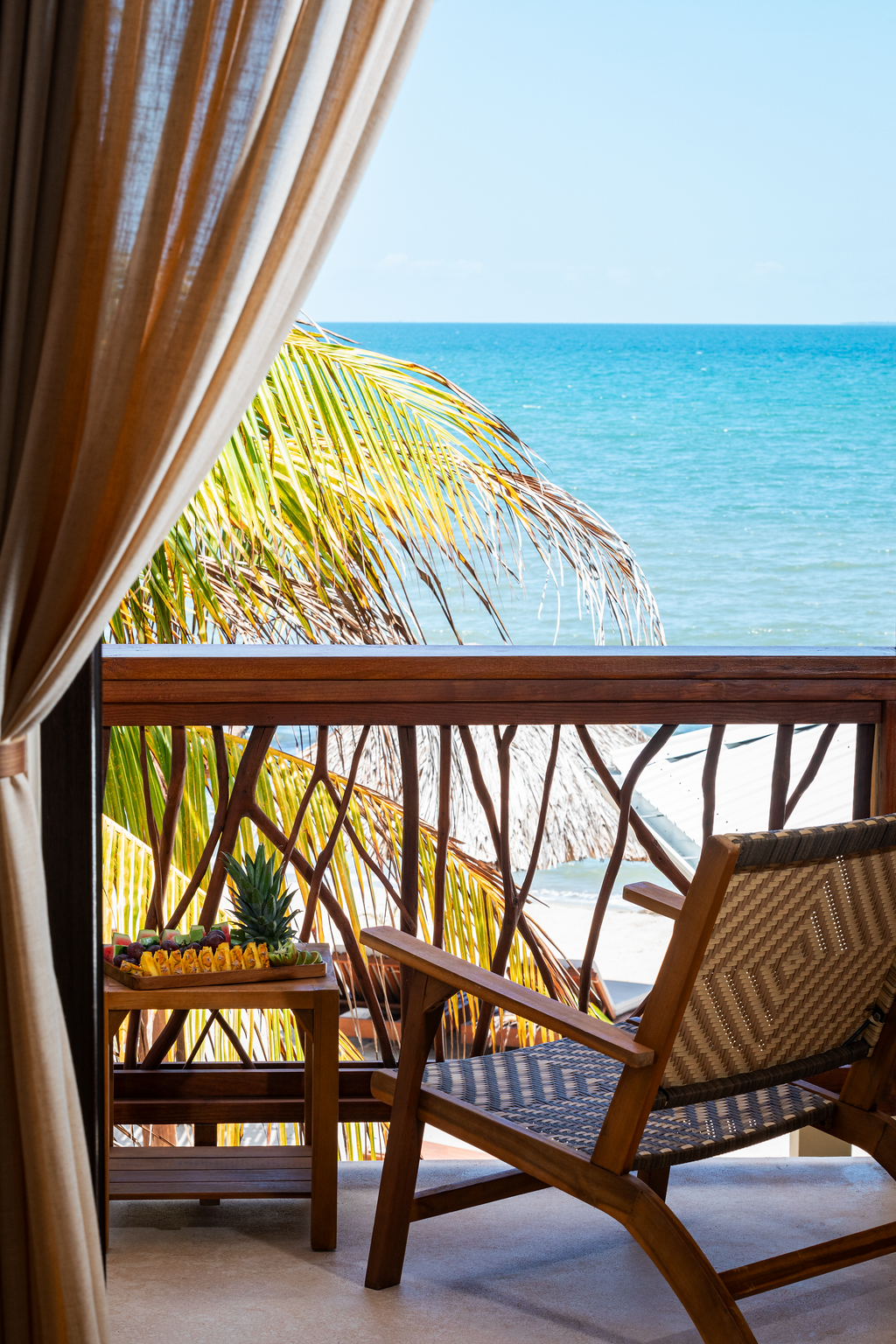 Beachfront balcony with wicker chair, wooden railing, and ocean view beyond a palm tree