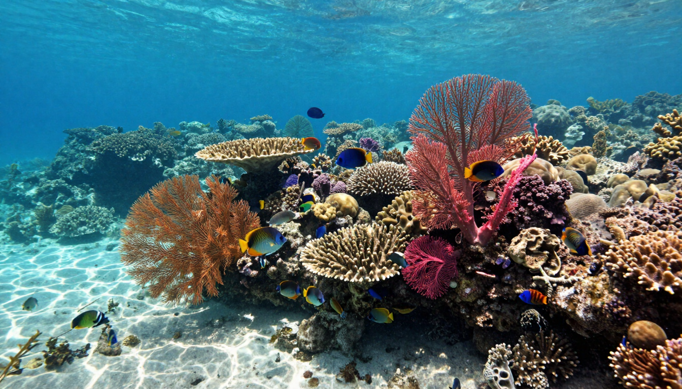 Colorful coral reef underwater with clear blue water and sunlit sandy seabed