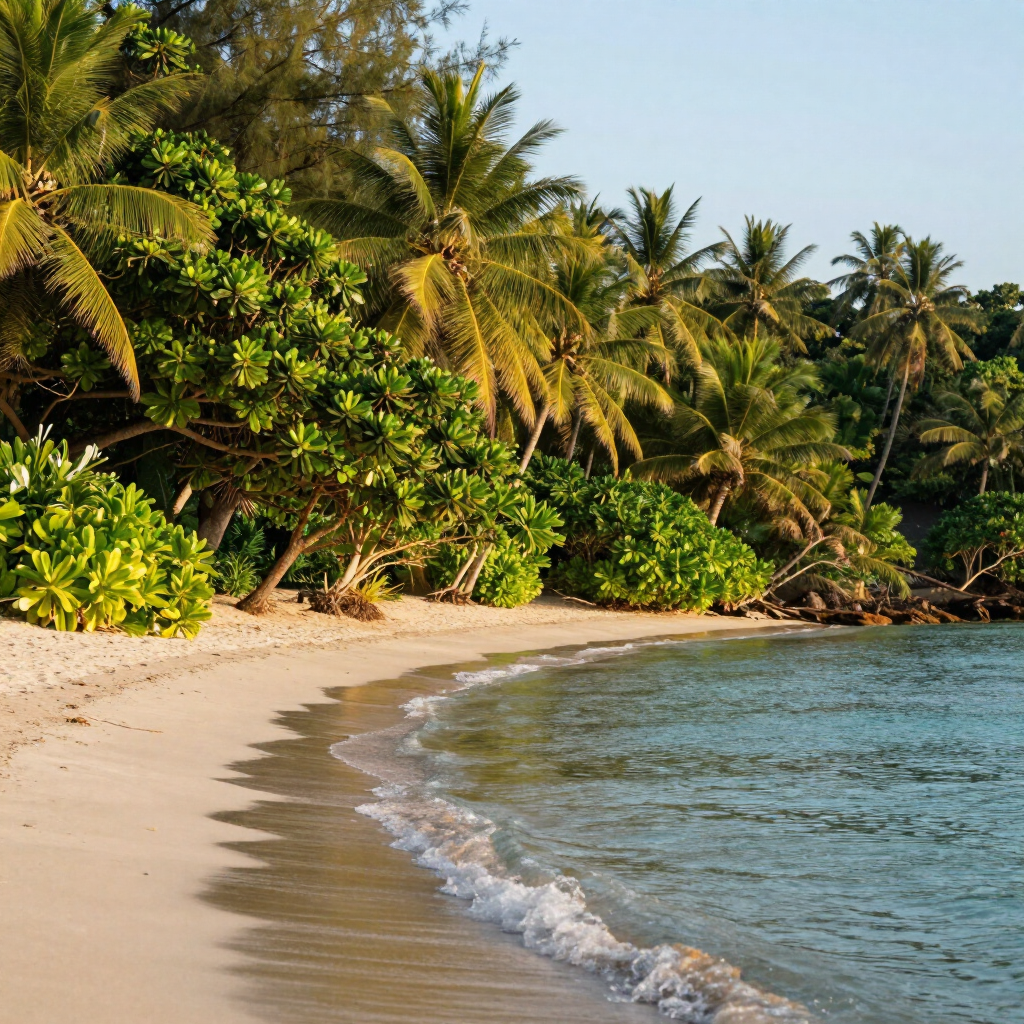 Tropical beach with golden sand, gentle waves, and lush palm trees under warm sunlight