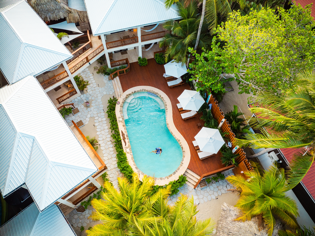 Aerial view of a resort pool surrounded by white umbrellas, palm trees, and red deck tiles.