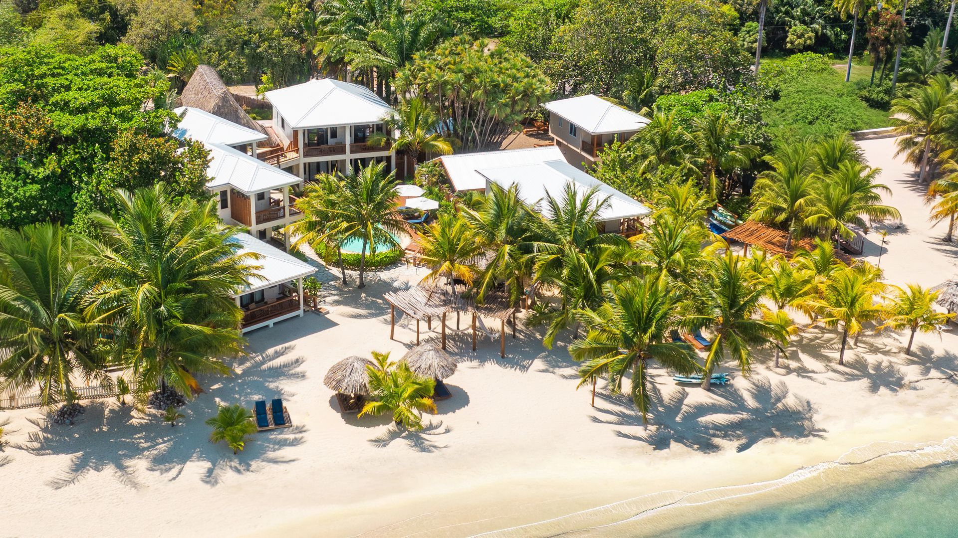 Aerial view of a tropical beachfront resort with white villas, palm trees, and a sandy shoreline.