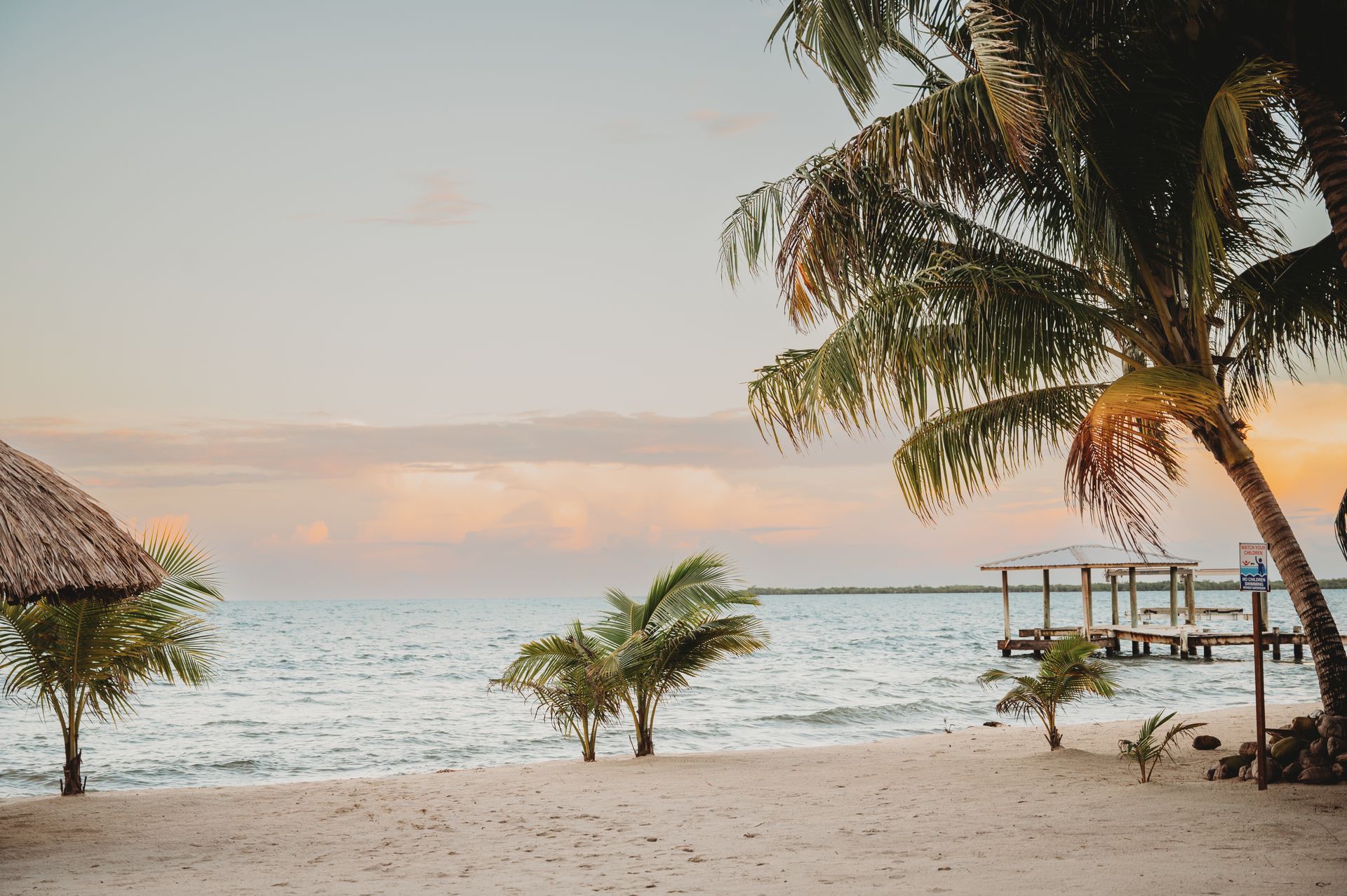 Aerial view of a tropical beachfront resort with white villas, palm trees, and a sandy shoreline.
