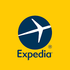 Expedia logo: white airplane in blue circle on yellow background