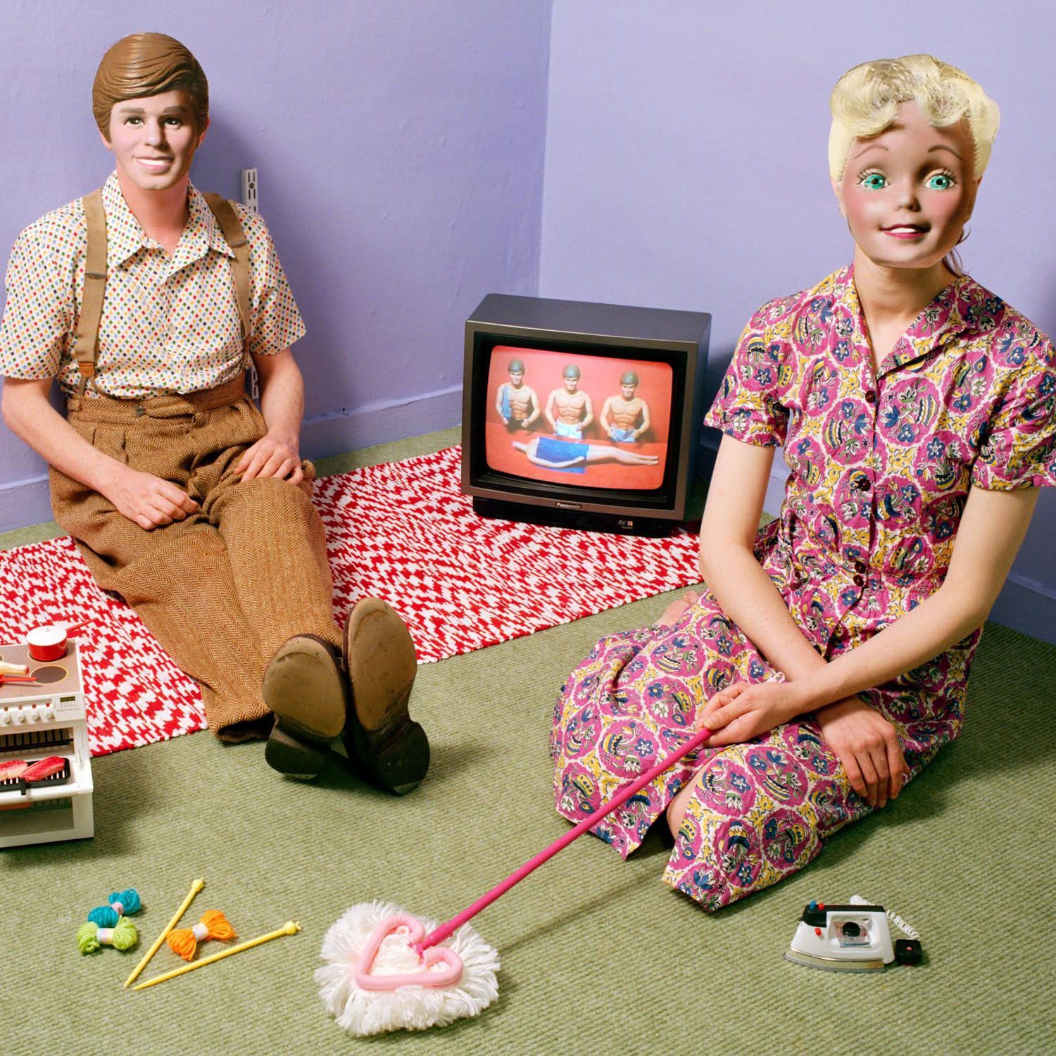 I made photographic masks of Barbie Doll, Ken Doll, and He-Man and actors wore the masks “in situ” in these constructed tableaux. These images were made before photoshop, so they are single exposure images.
The un-awakened Barbie inevitably marries Ken. 