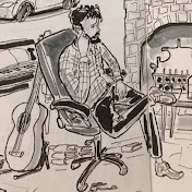 A black and white drawing of a man sitting in a chair.
