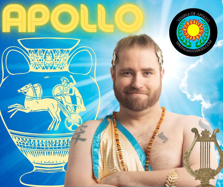A man with a beard is standing in front of a poster that says apollo, Jesse Sterland.