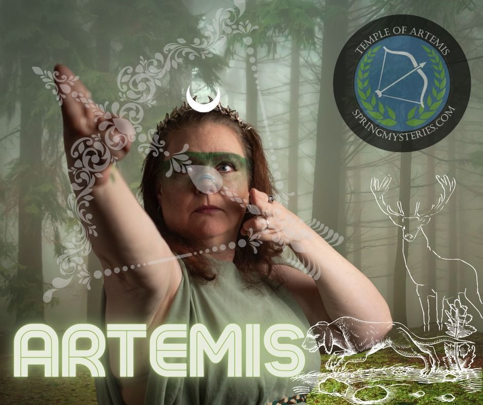 A poster of a woman with the name artemis on it with an icon for Spring Mysteries on it.