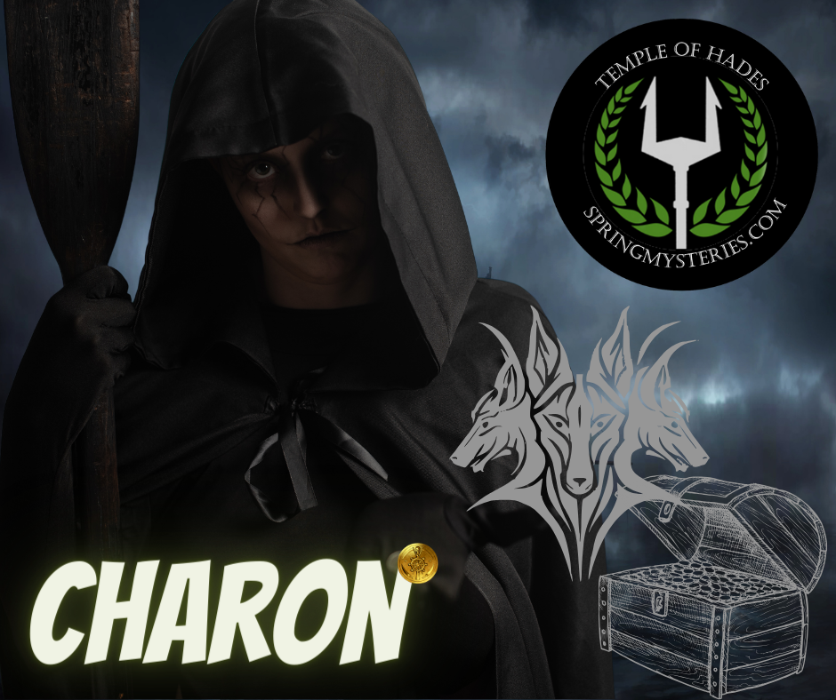 A person in a black cape with the word charon on it, Spring Mysteries