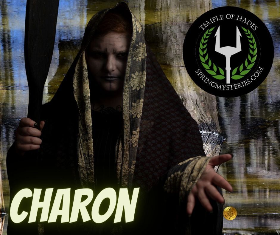 A woman holding a trident with the name charon on the bottom with an icon for Spring Mysteries on it.