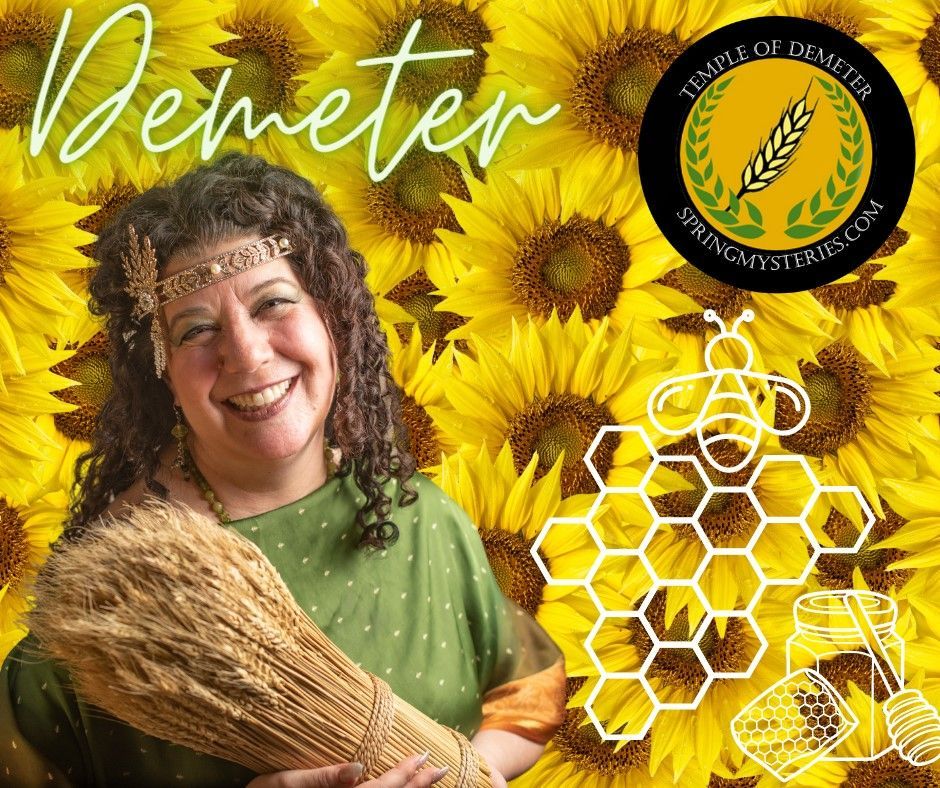 A woman is holding a bundle of wheat in front of a sunflower background with an icon for Spring Mysteries on it.