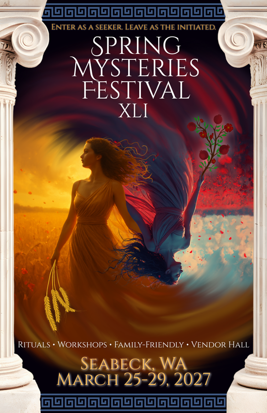 A poster for the spring mysteries festival shows a woman with long blonde hair.