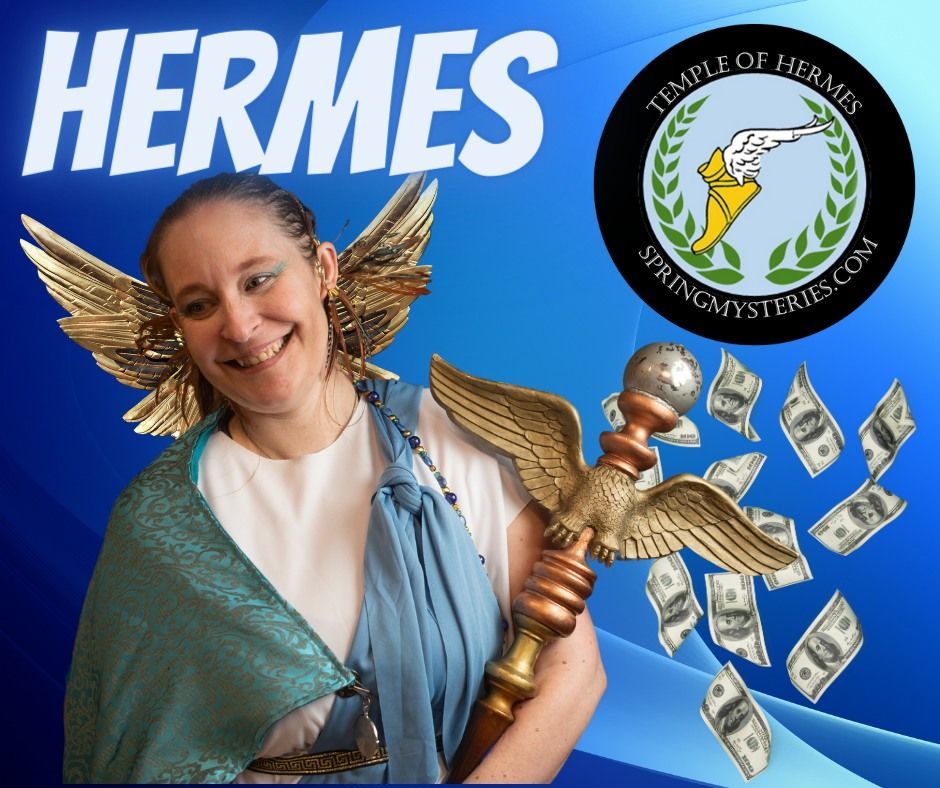 A woman in a hermes costume is smiling with an icon for Spring Mysteries on it.