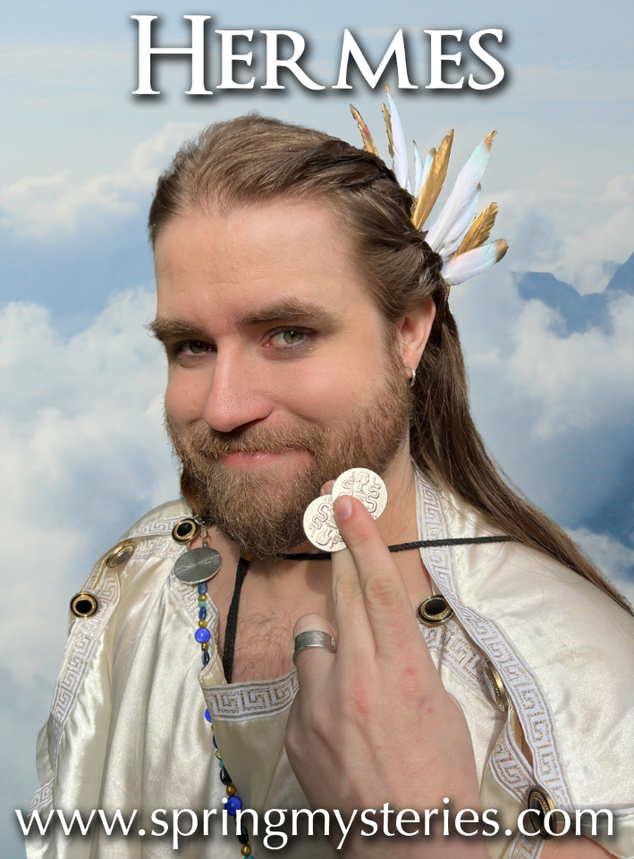 A man in a hermes costume is holding a coin, Jesse Sterland.