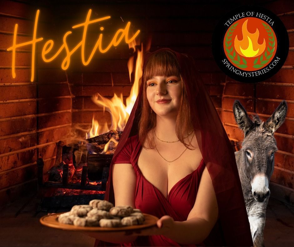 A woman is holding a plate of food next to a donkey in front of a fireplace with an icon for Spring Mysteries on it.