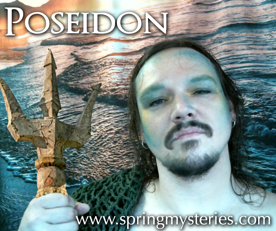 A man with blue paint on his face is holding a trident in front of a poster that says poseidon