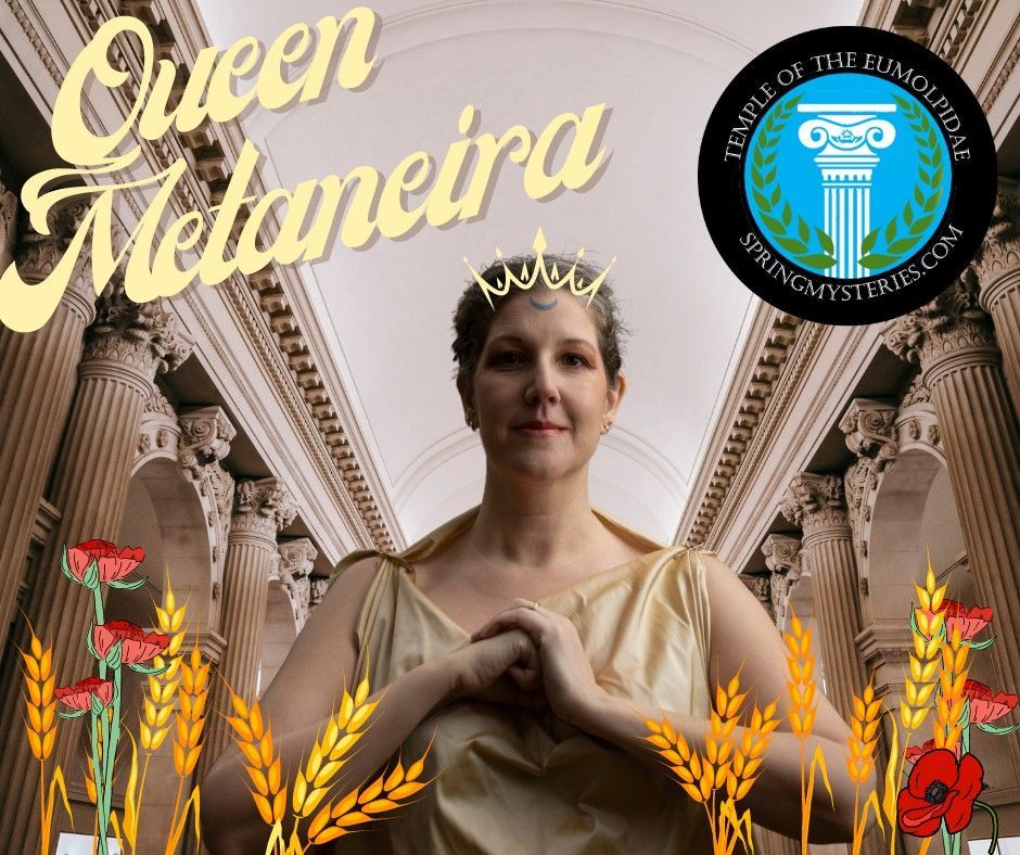 A woman in front of a building with the words Queen Melaneira written on it with an icon for Spring Mysteries on it.
