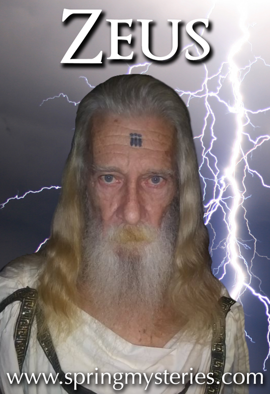 A man with long hair and a beard, Terry Riley representing Zeus