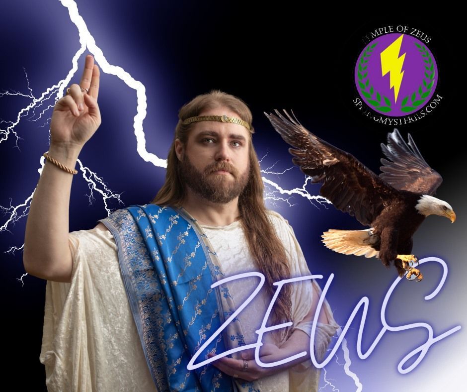 A man dressed as zeus with an eagle and lightning behind him with an icon for Spring Mysteries on it.