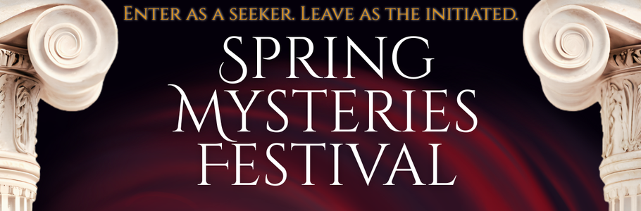 Spring mysteries festival 39 is written in yellow on a black background
