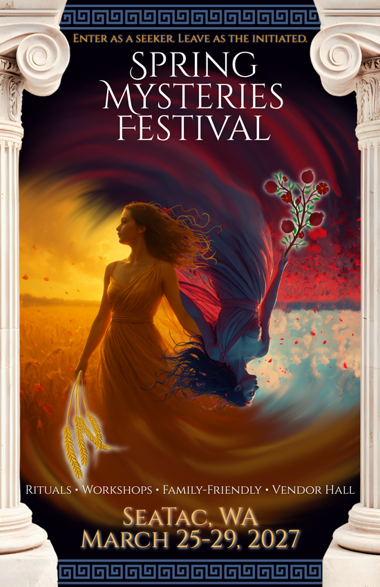 A poster for the spring mysteries festival shows a woman with long blonde hair.