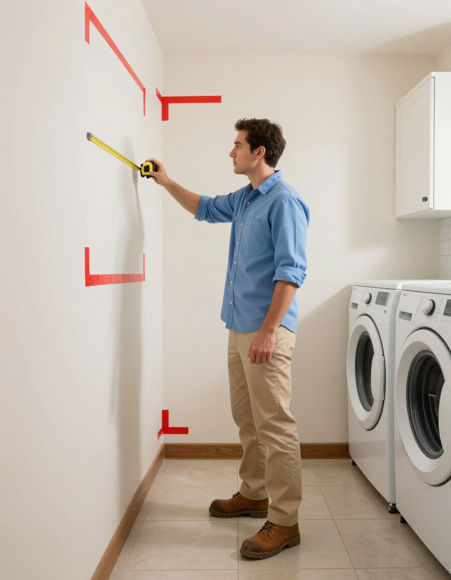 Wood and Stone Cabinet Design Studio consultant measuring a laundry room for custom cabinet installation in Northern Kentucky