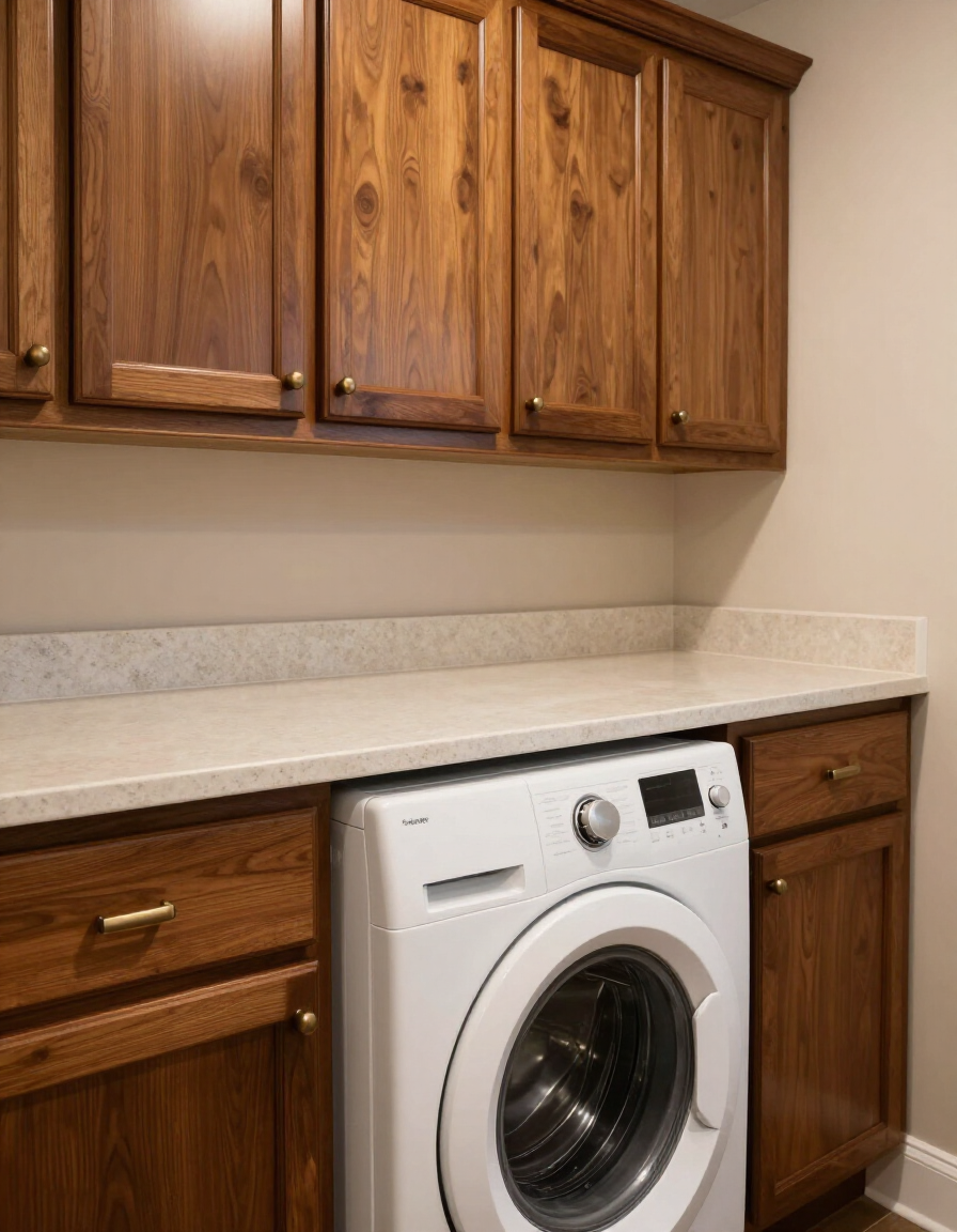 Upper and lower laundry room cabinets with folding countertop surface by Wood and Stone Cabinet Design Studio in Northern Kentucky