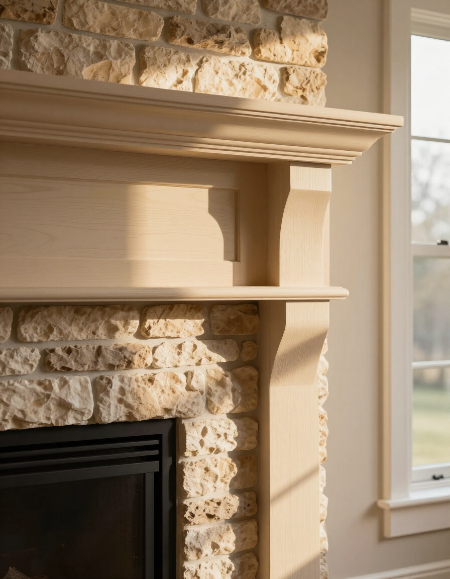 Custom stone fireplace surround and mantel installed by Wood and Stone Cabinet Design Studio in a Northern Kentucky home
