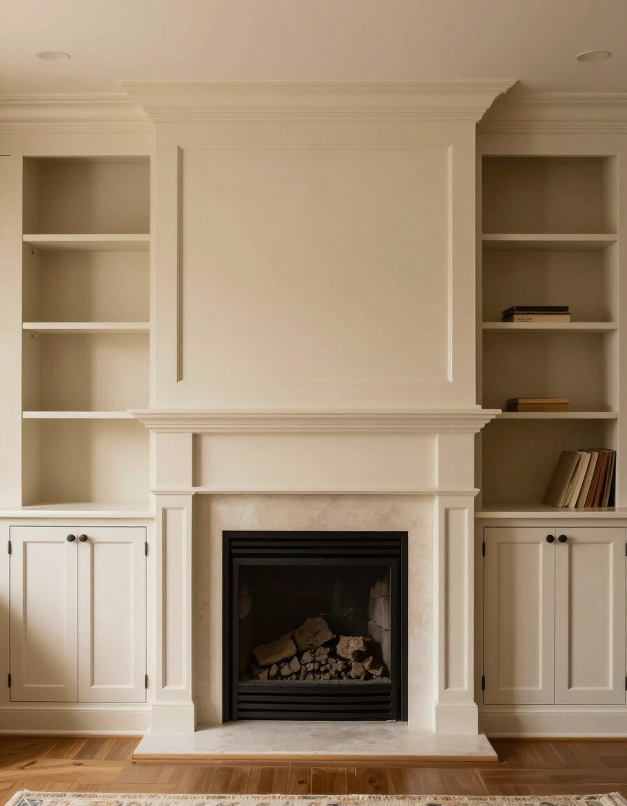Fireplace surround integrated with custom built-in cabinetry by Wood and Stone Cabinet Design Studio in Northern Kentucky