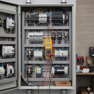 Electrical panel with multimeter attached, testing components and wires.