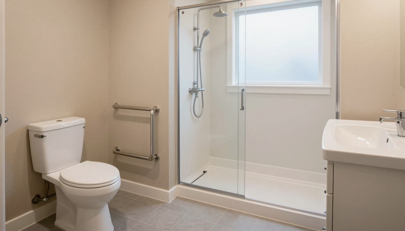 Accessible bathroom with toilet, grab bars, and low-entry shower in Surprise, AZ