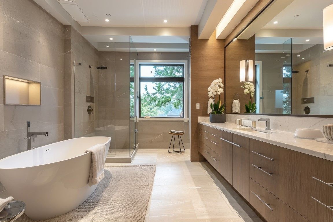 Luxurious bathroom with soaking tub, glass shower, long vanity, and large window.