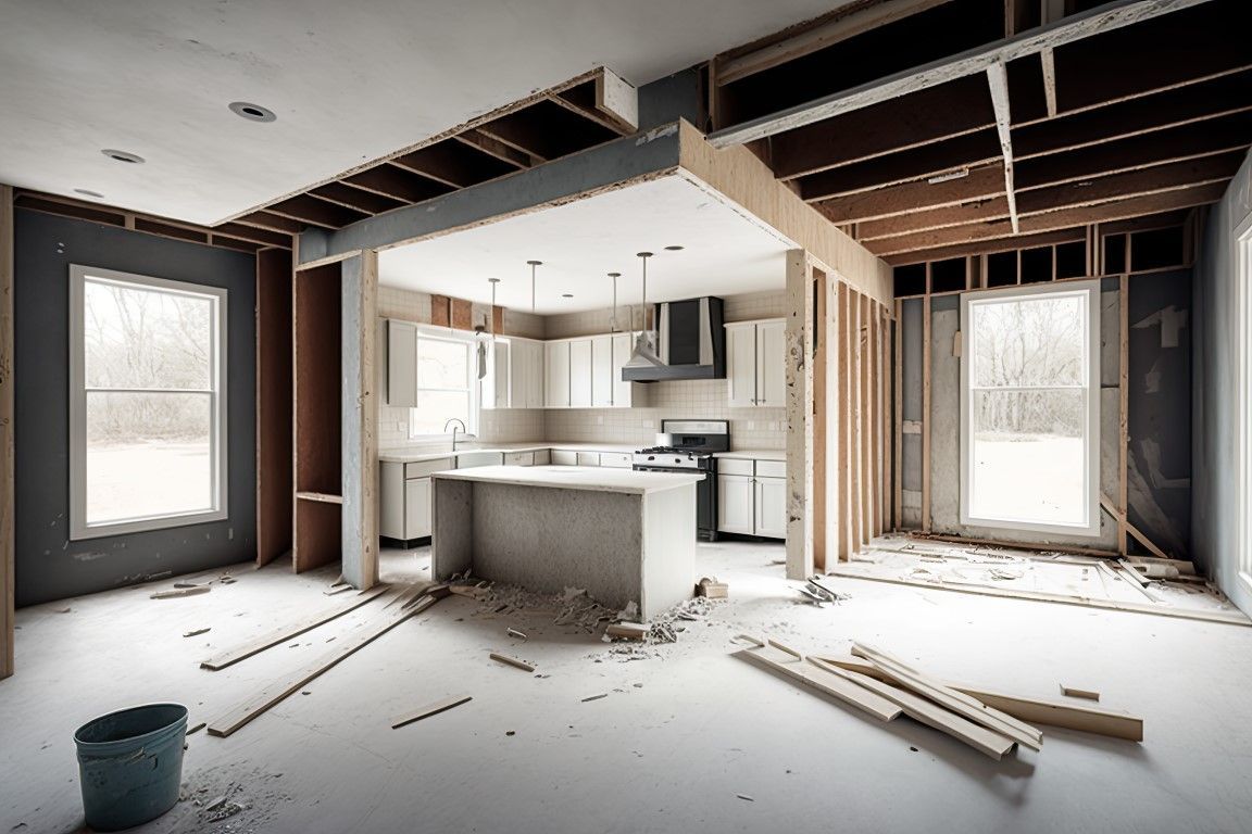 Interior view of a kitchen under renovation, with exposed framing, drywall, and debris.