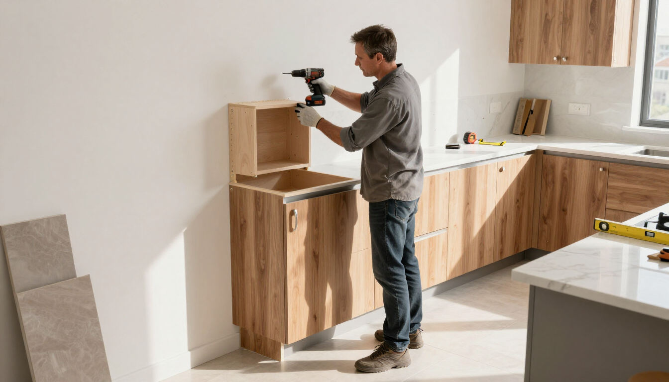 Worker installing lower wood kitchen cabinets along a wall during kitchen and bathroom remodeling in Surprise, AZ