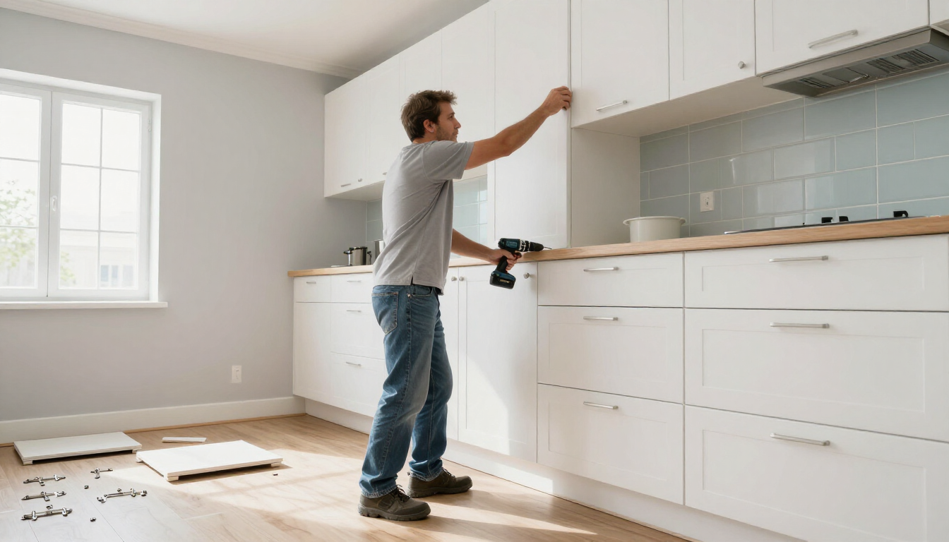 Worker adjusting white upper kitchen cabinets with tools during kitchen and bathroom remodeling in Surprise, AZ