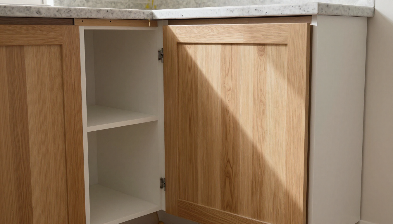 Open wood cabinet showing fresh interior shelving and refaced doors during kitchen and bathroom remodeling in Surprise, AZ