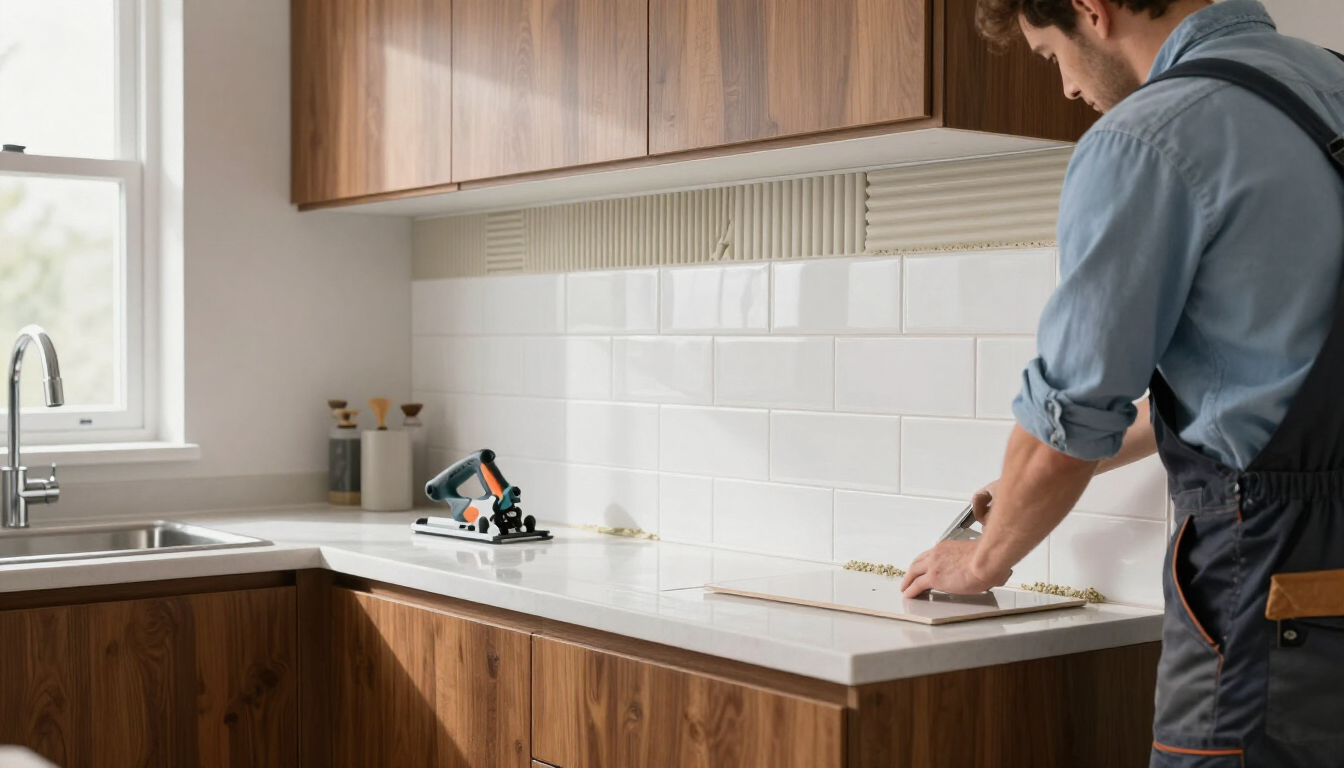 Worker measuring a kitchen countertop beside white tile backsplash during kitchen and bathroom remodeling in Surprise, AZ