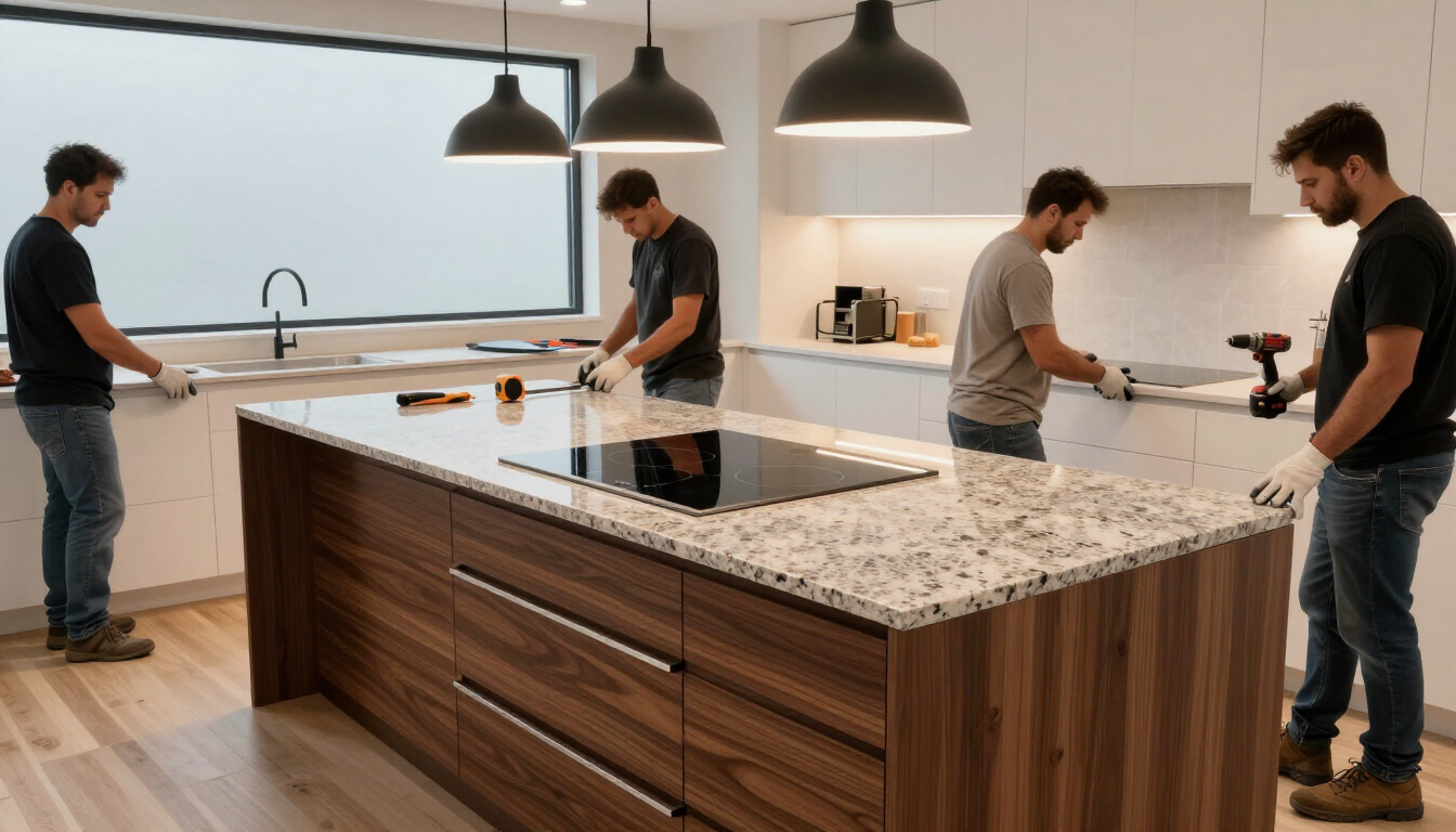 Workers installing a large kitchen island countertop during kitchen and bathroom remodeling in Surprise, AZ