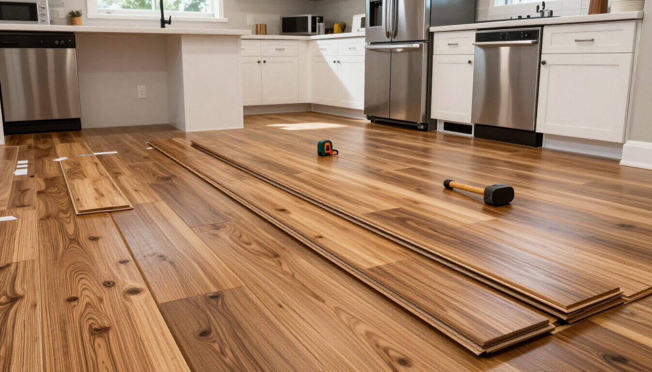 Kitchen floor with wood-look planks being installed near cabinets during kitchen and bathroom remodeling in Surprise, A