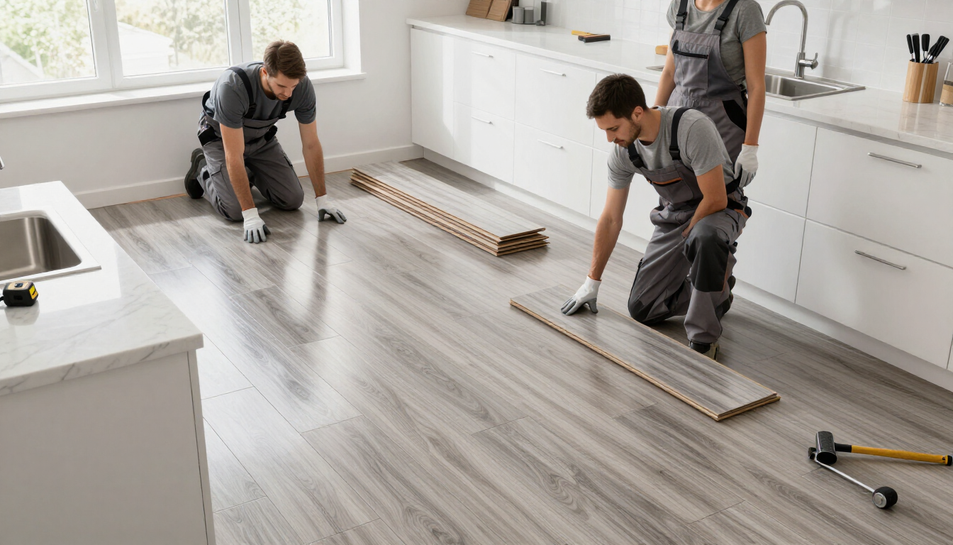 Workers laying gray kitchen flooring planks across a bright room during kitchen and bathroom remodeling in Surprise, AZ