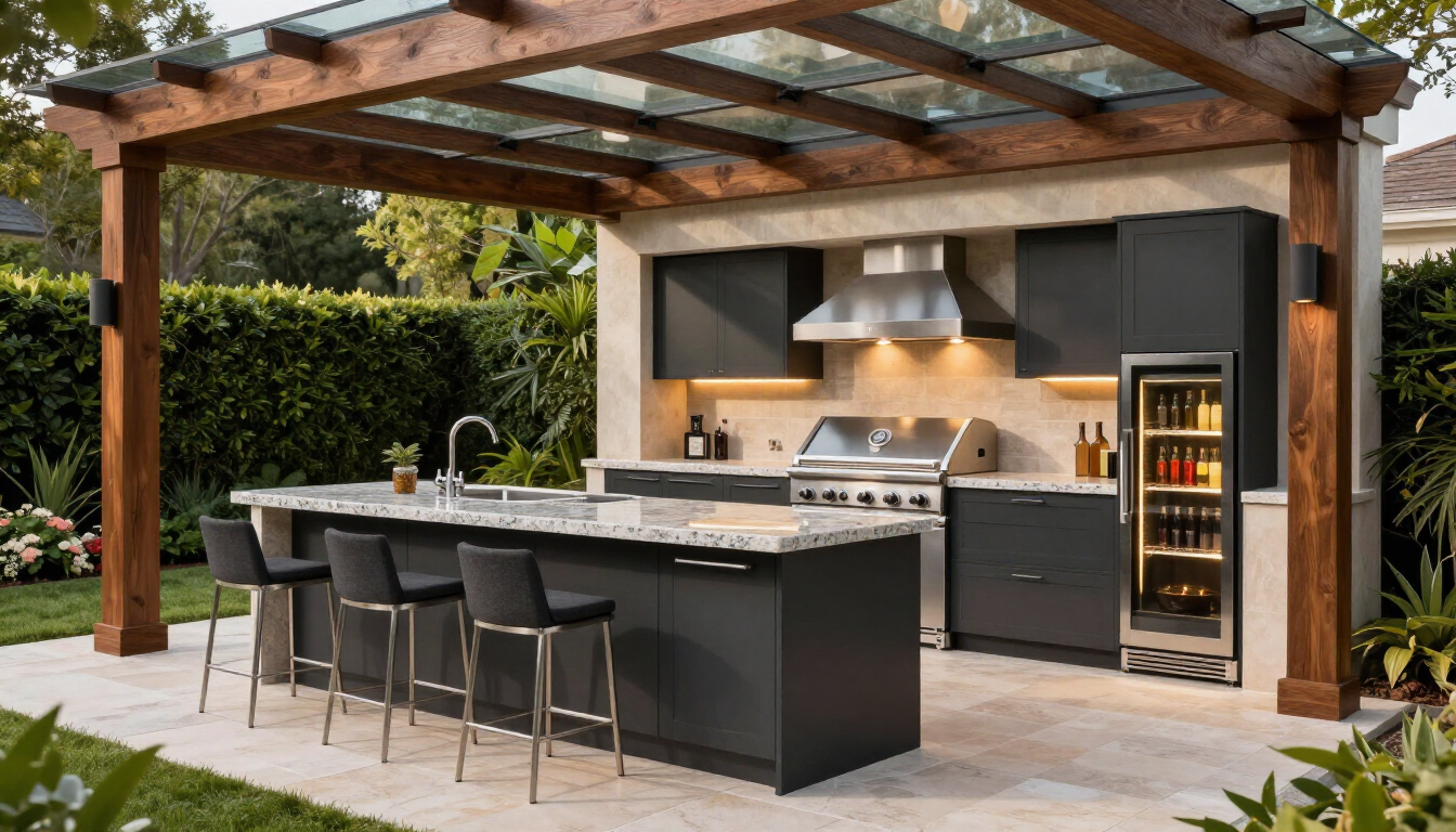 Outdoor kitchen with built-in grill, storage, pergola cover, and bar seating in Surprise, AZ