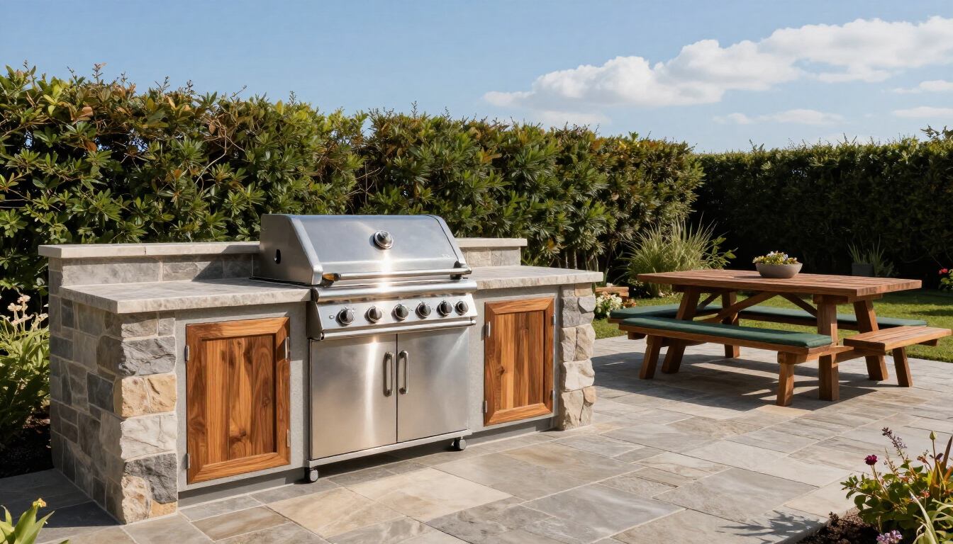Built-in outdoor grill station with stone counters and dining area during kitchen and bathroom remodeling in Surprise, AZ