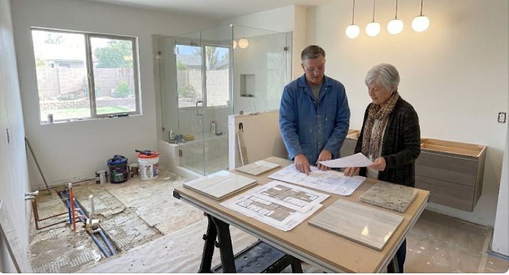 Contractor reviewing remodeling plans with a homeowner inside a bathroom in Glendale, AZ