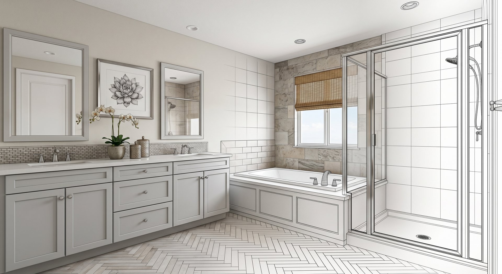 Bathroom design sketch with tub, shower, and vanity layout for remodeling in North Glendale, AZ