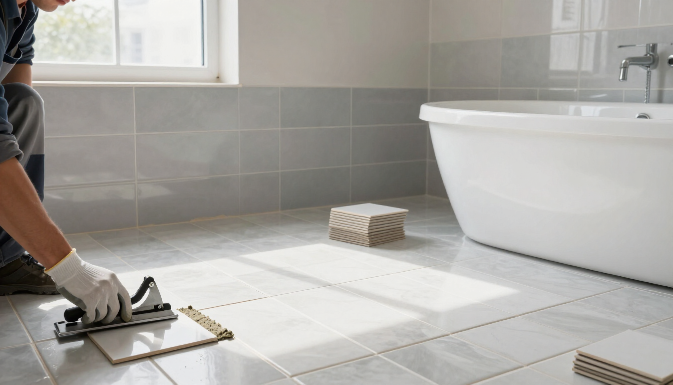 Worker installing gray bathroom floor tile for bathroom and kitchen remodeling