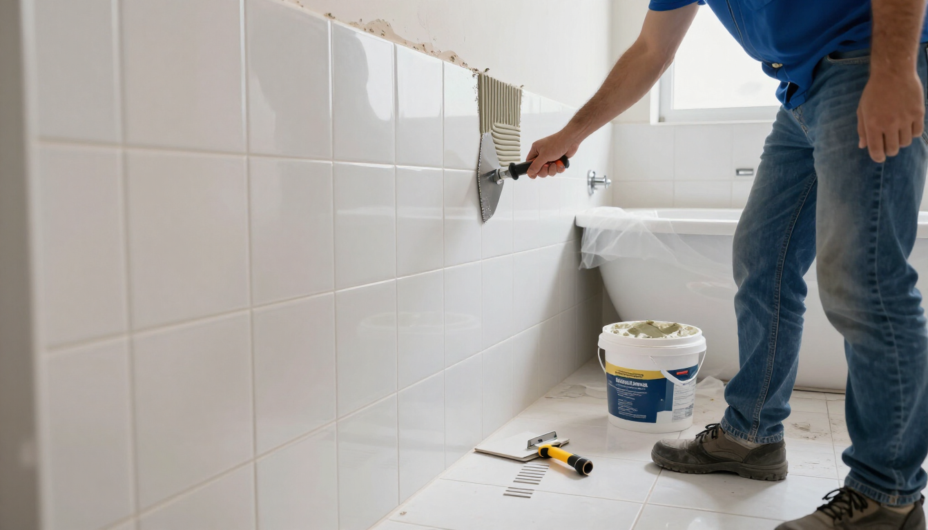 Worker applying white wall tile around a bathtub area during kitchen and bathroom remodeling in Surprise, AZ